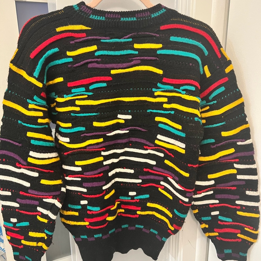 Coogi Men’s Sweater..Black Chunky Sweater with Multicolor Streaks